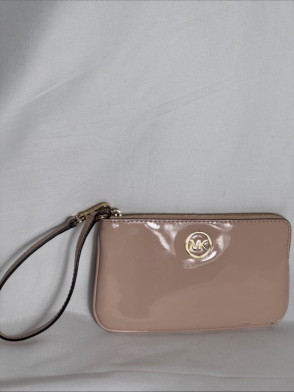 Michael Kors Nude Patent Leather Wristlet with Gold Logo